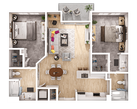 Floor plan for 2 beds, 2 baths, 983 sqft